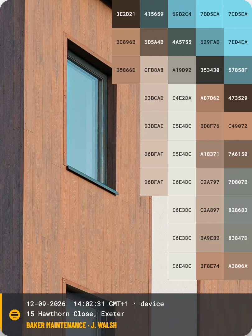 A photo of a house front, half covered by the hexadecimal values of its pixels, with the stamp bar along the bottom