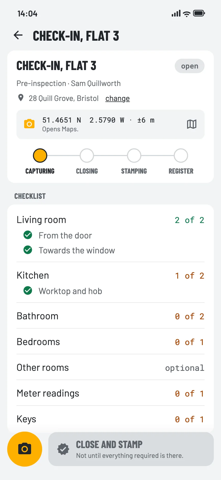 The checklist for a rented home, with fields such as the meter readings