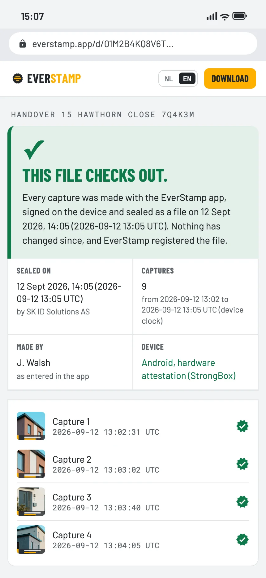 The verification page of a file made on Android: it checks out, device Android, hardware attestation (StrongBox)