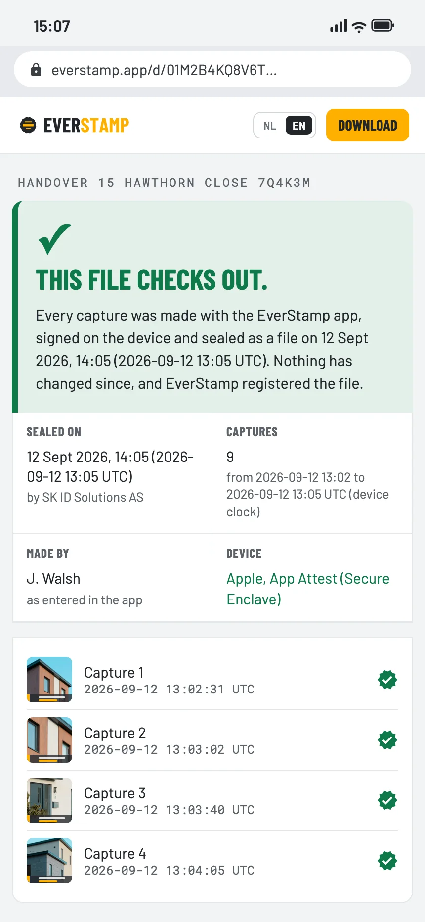 The verification page in the browser: this file checks out