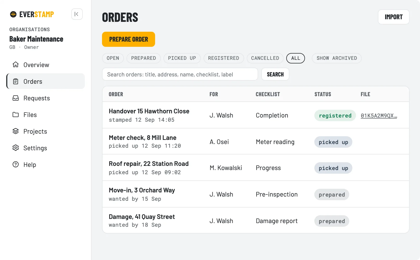 The EverStamp dashboard with open orders and their status