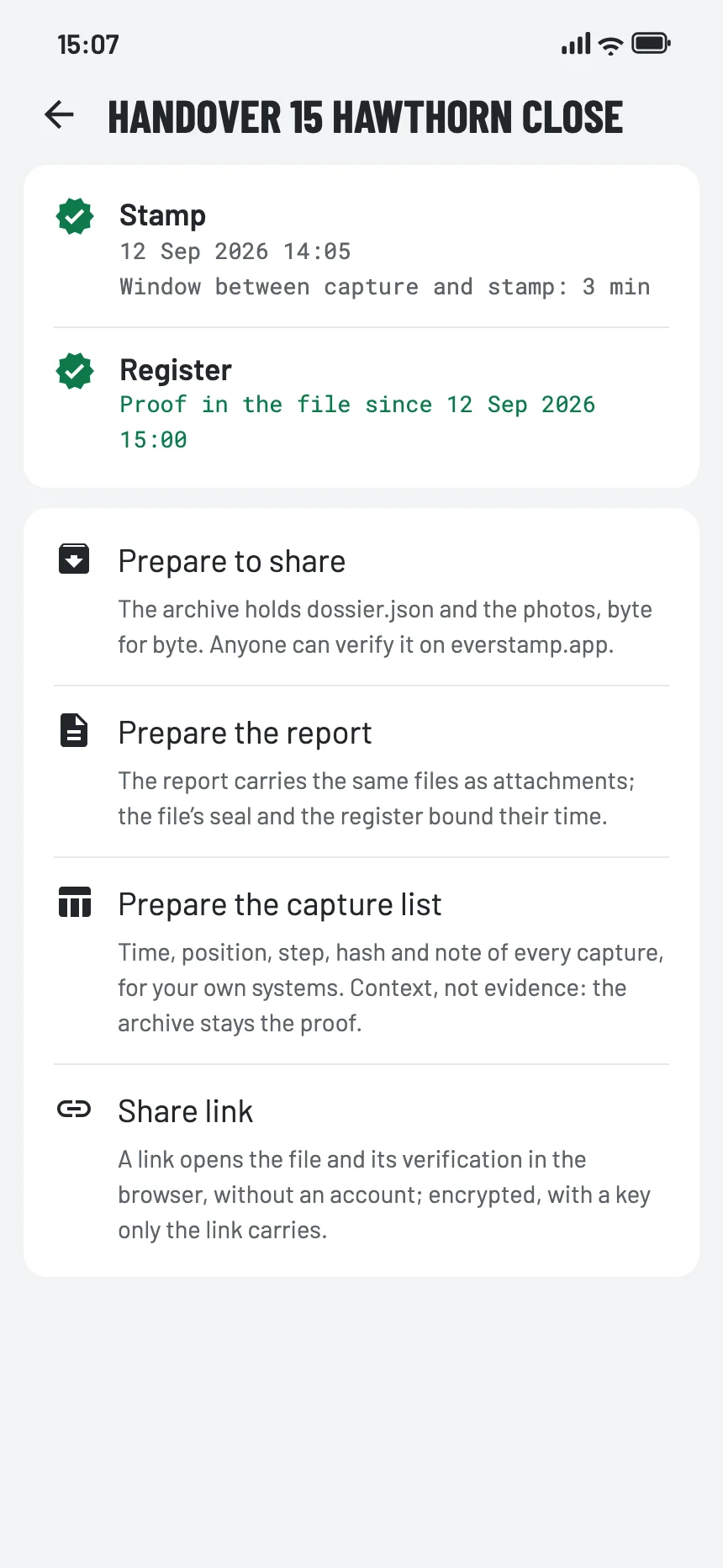 Getting a file ready to share: the archive, the report, the capture list or a share link