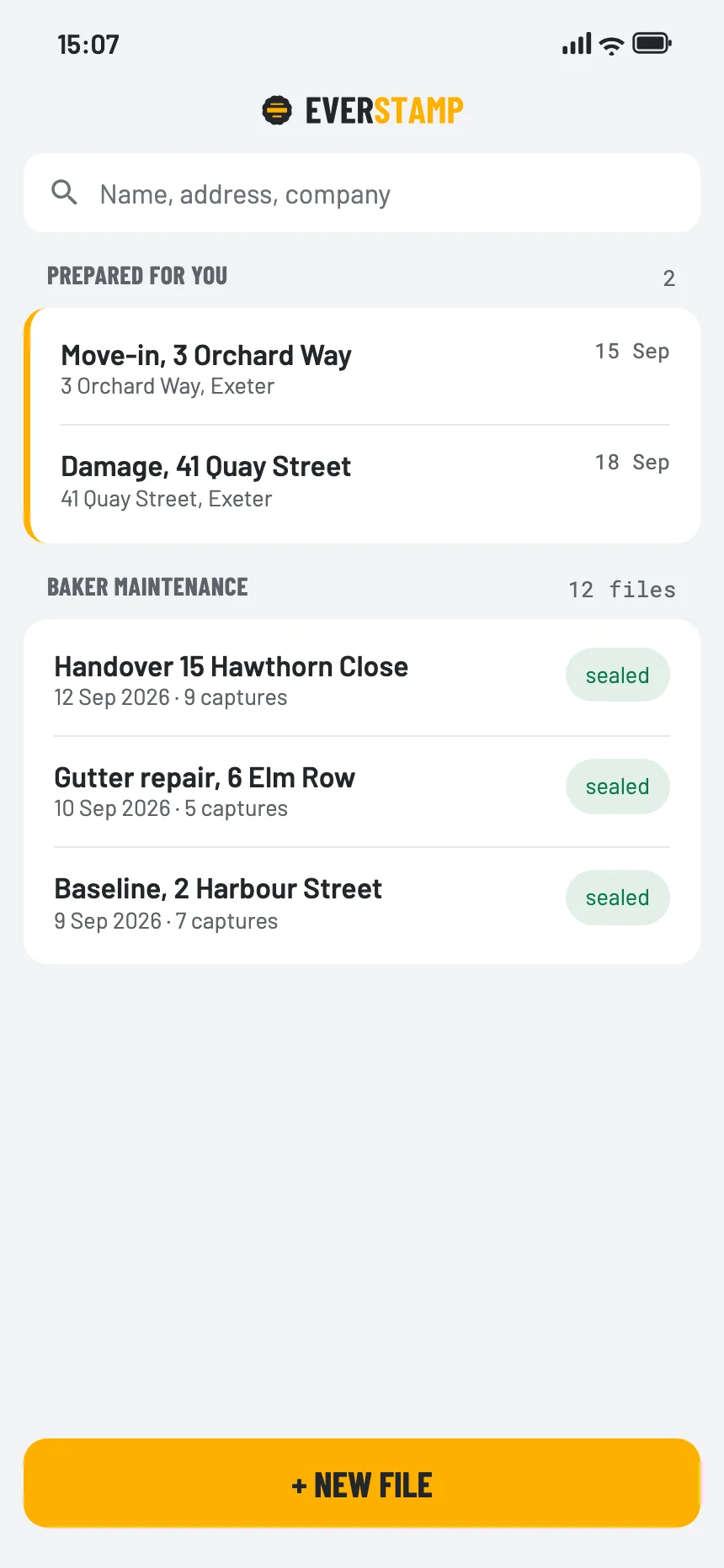 The app’s file list, with the orders prepared for this person at the top