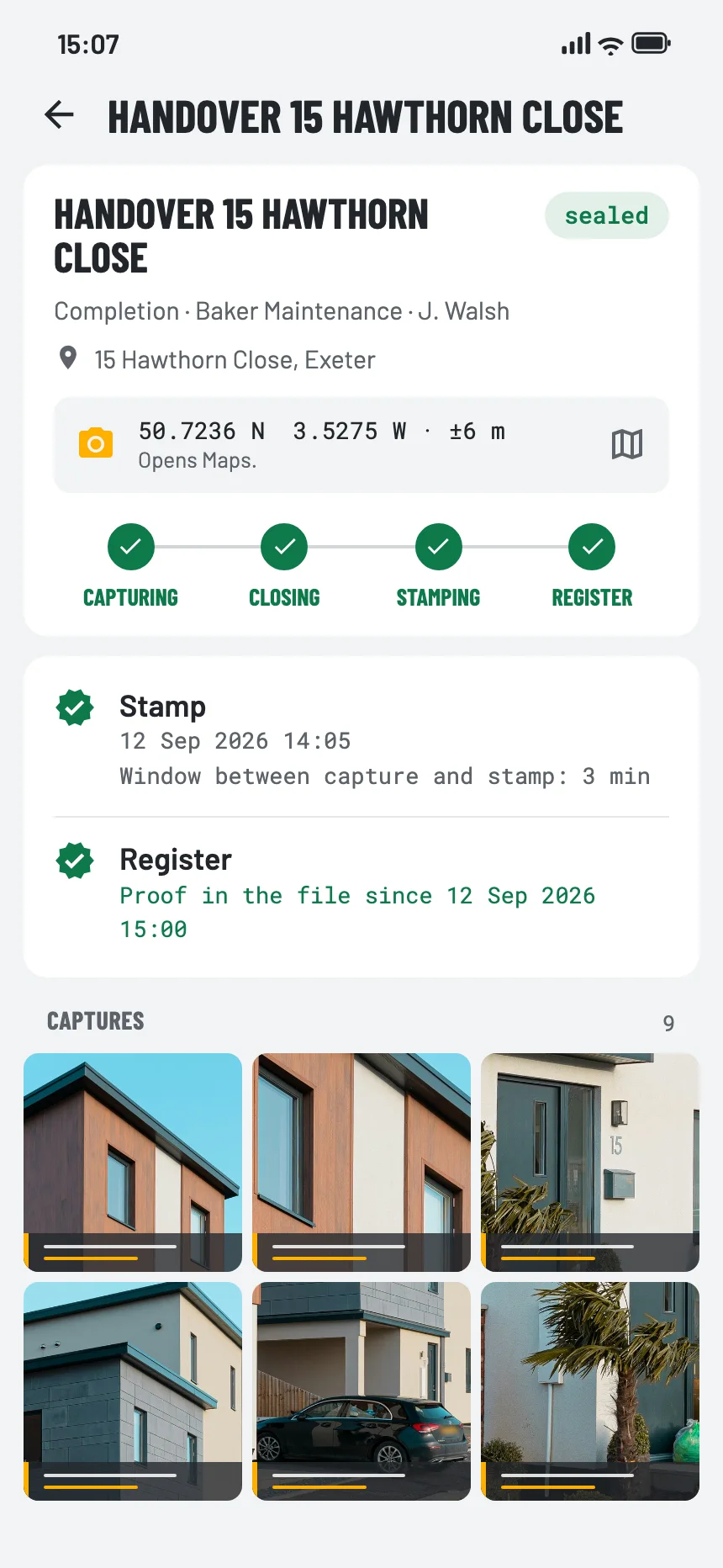 A sealed file in the app, with the stamp and the entry in the registry