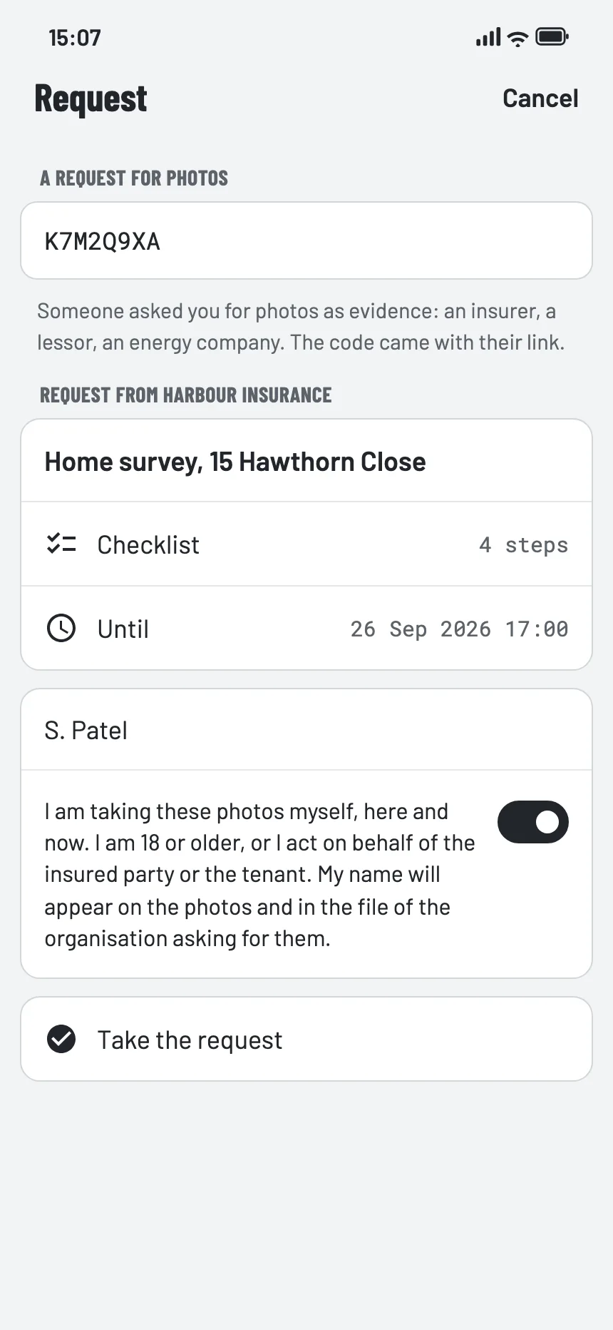 The request in the app, with the statement the customer confirms