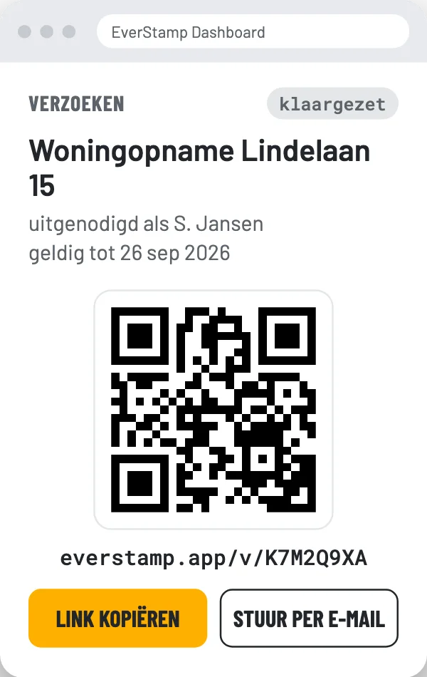 Een klaargezet verzoek in het dashboard, met de QR-code en de link