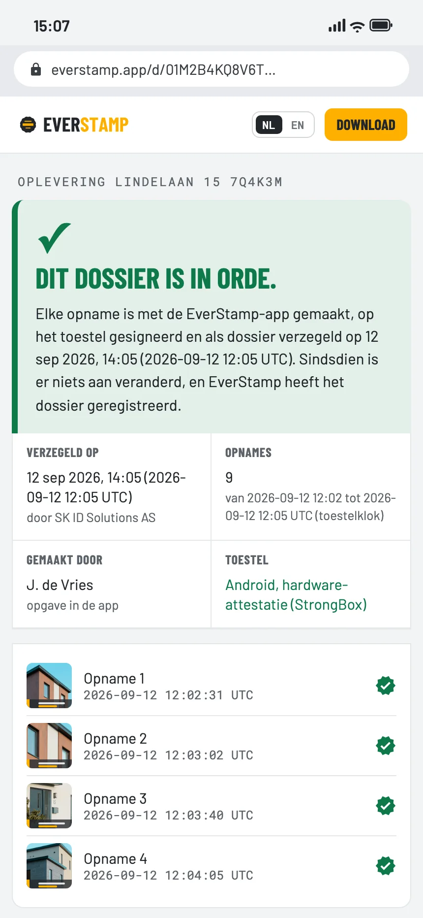 De controlepagina van een dossier dat op Android is gemaakt: in orde, toestel Android, hardware-attestatie (StrongBox)
