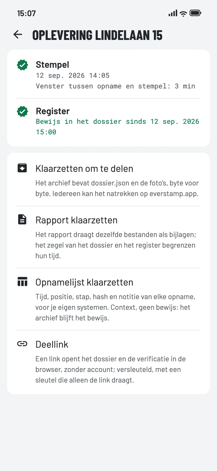 Een dossier klaarzetten om te delen: het archief, het rapport, de opnamelijst of een deellink