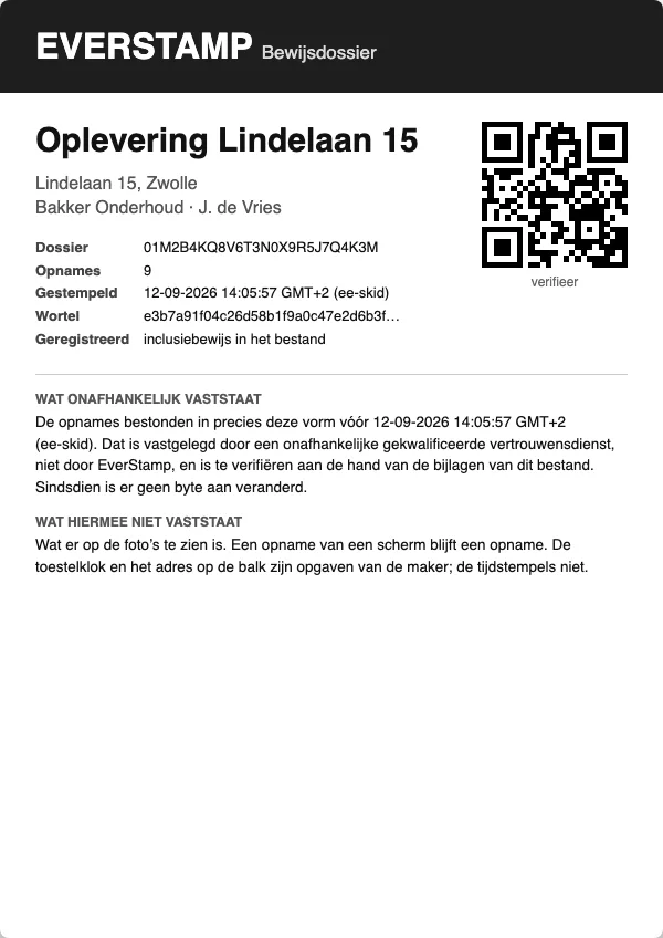 De eerste pagina van het pdf-rapport, met de QR-code rechtsboven