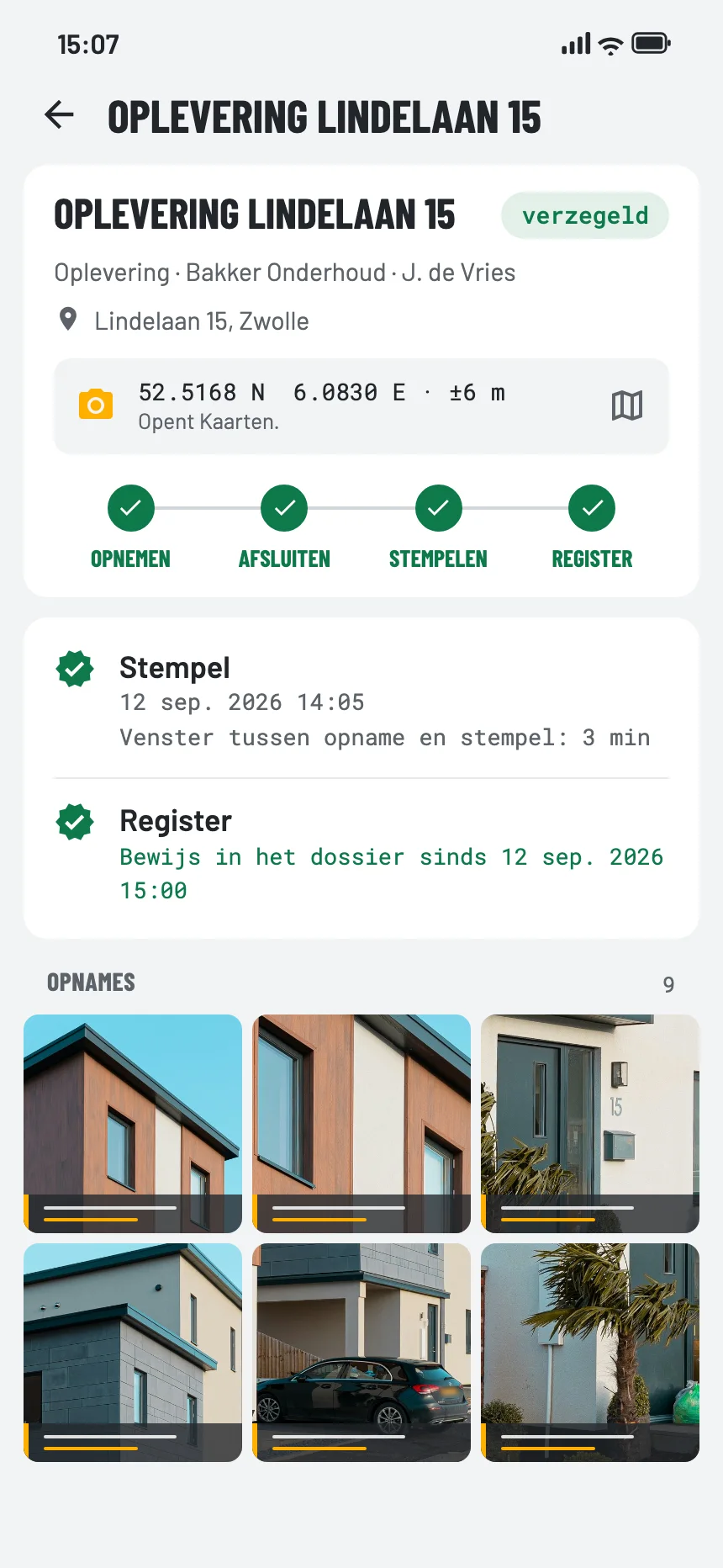 Een verzegeld dossier in de app, met de stempel en de vermelding in het register